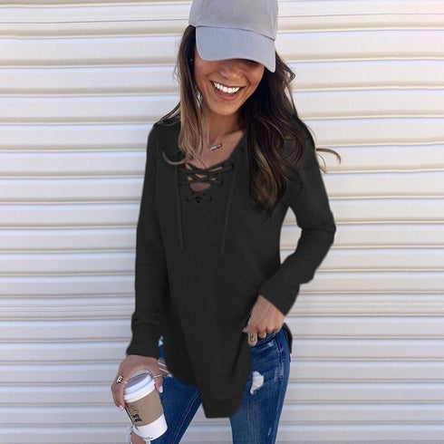 Long Sleeve V-Neck Strappy Top