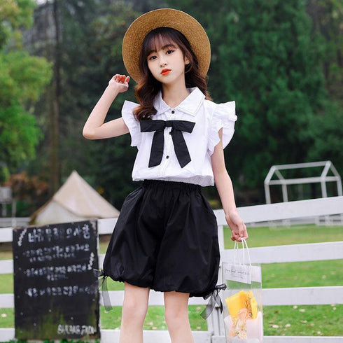 Summer Girls Bow Fly Sleeve Shirt Lantern Shorts Two Piece Set