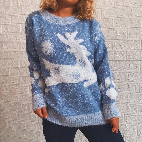 New Year Christmas Sweater Fawn Snowflake Crewneck Knit Pullover