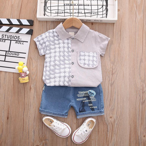 Children's Patchwork Shirt Shorts Two-piece Set