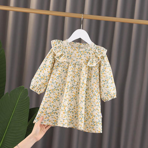 Girls' Dress 2022 Autumn New Skirt Long Sleeve Cotton And Hemp Pastoral Princess Floral Skirt