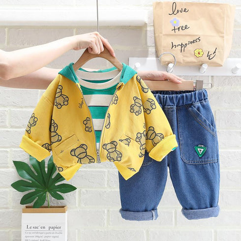 Long sleeve striped sweater zipper cardigan cotton jeans casual suit