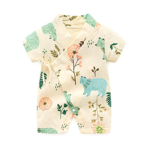 Summer short sleeve kimono baby breathable crepe print jumpsuit