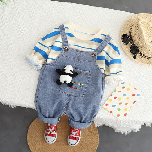 Children's Spring and Autumn Crewneck Dress Denim Straps Two-Piece Set