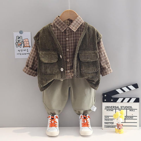 Spring and Autumn Boys Three-Piece Shirt Long Sleeve Set