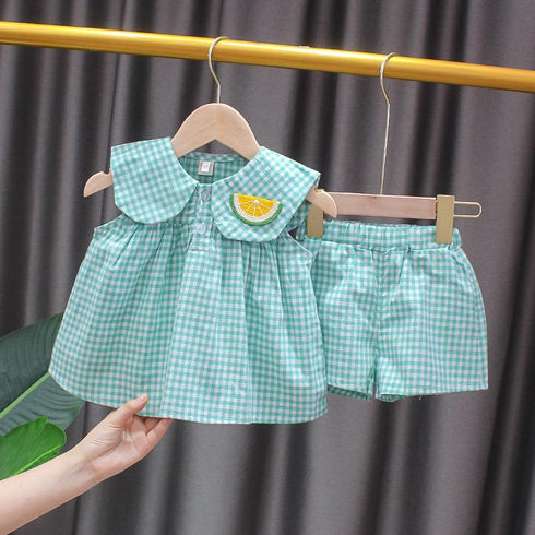 Summer New Girl Doll Collar Short Sleeve Set Baby Girl Fruit Decoration Plaid Two-piece Set