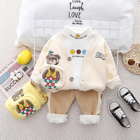 Autumn and winter boys plus velvet vests long sleeve three-piece set