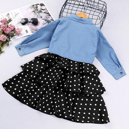 Girls Spring and Autumn Long Sleeve Denim Jacket Sling Skirt Two-Piece Set