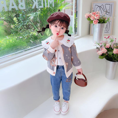 Cherry Bear Knitted Cardigan Three Piece Set Baby Girl Lapel Shirt Long Sleeve Set