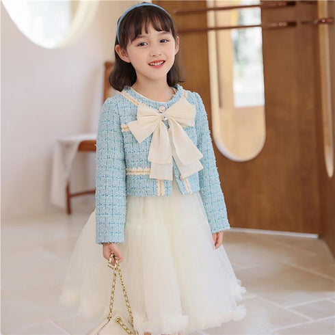 Autumn Suit Children's Two-Piece Mesh Dress Bow Cardigan Sweet Skirt