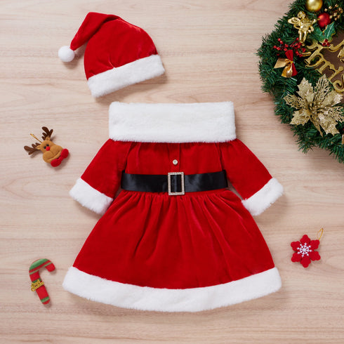 Christmas Velour Dress Christmas Hat Two-piece Set
