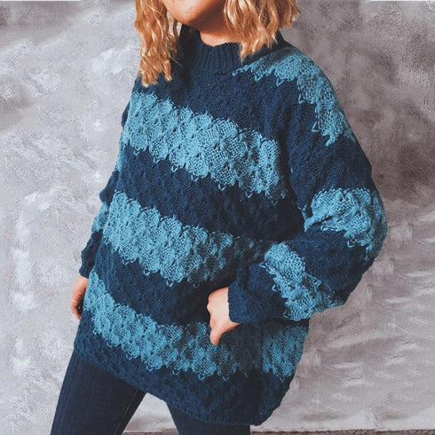 Fall and Winter Rhombus Contrast Stripe Spliced Loose Knit Sweater