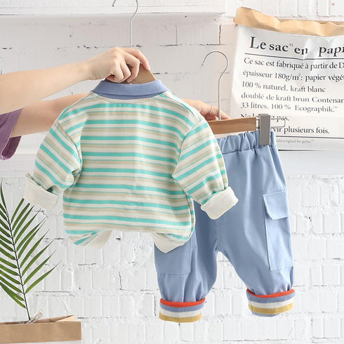 Astronaut Lapel Striped Long Sleeve Suit Boy's Baby Casual Pants Two-piece Set