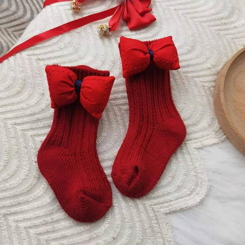 Christmas socks autumn and winter red bow plus velvet padded wool baby socks