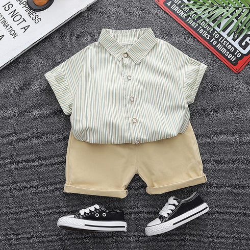 Summer boys solid color striped lapel two-piece set