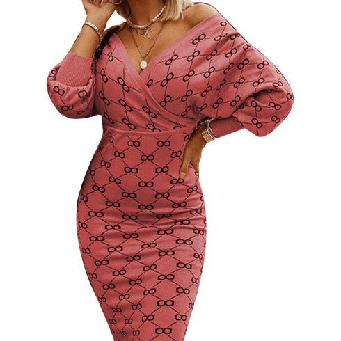 Long sleeve check one-step skirt V-neck hip dress