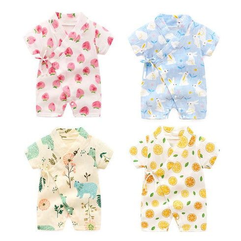 Summer short sleeve kimono baby breathable crepe print jumpsuit
