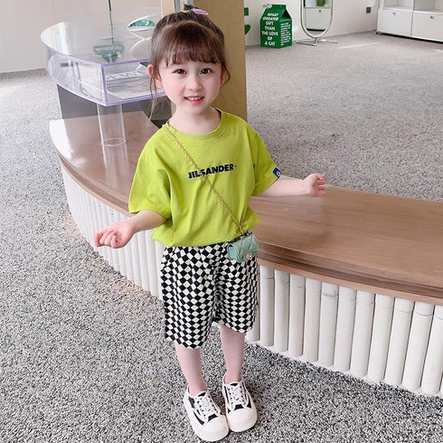 Boys' And Girls' Summer Alphabet T-shirt Checkerboard Pants Set