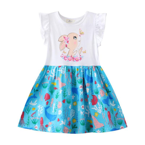 Girl's Flying Sleeve Dress Cartoon Print Princess Dress