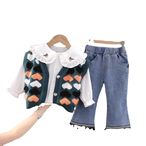 Spring and Autumn Girls Knitted Sweater Cardigan Shirt Jeans Three-Piece Set