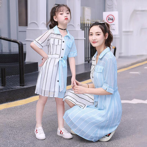 Mommy And I Striped Color Matching Shirt Chiffon Parent-child Dress