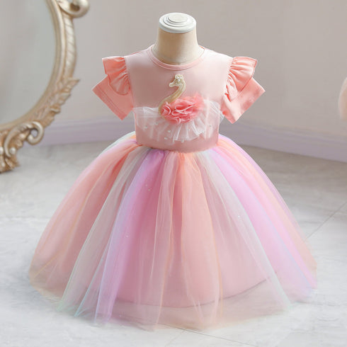 Girl's Dress Girl's Swan Rainbow Mesh Princess Dress