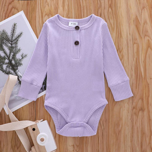 Ribbed Solid Front Button Long-sleeve Baby Romper
