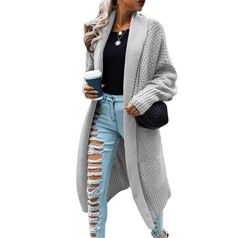 Fall winter lapel bat sleeve knit long sweater cardigan