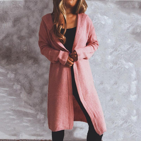 Autumn and winter solid color long sleeve hooded knitted cardigan