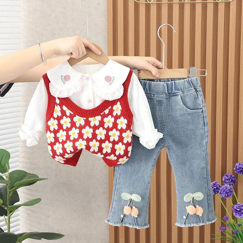 Casual Sweater Vest Three Piece Set Baby Girl Lapel Shirt Long Sleeve Set