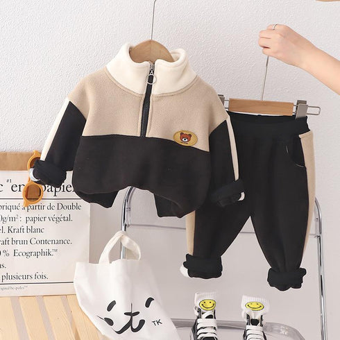 Autumn and winter boys plus velvet long sleeve suit two-piece set