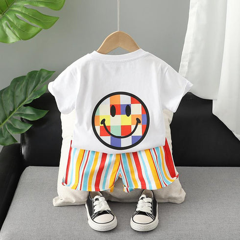 Summer Boys Rainbow Smiley Printed T-Shirt Casual Pants Two-Piece Set