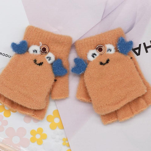 Little Crab Children's Half Finger Flip Writing Plush Knitted Gloves