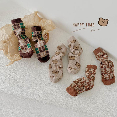 Baby spring and autumn bear plaid socks combed cotton cartoon double needle baby socks