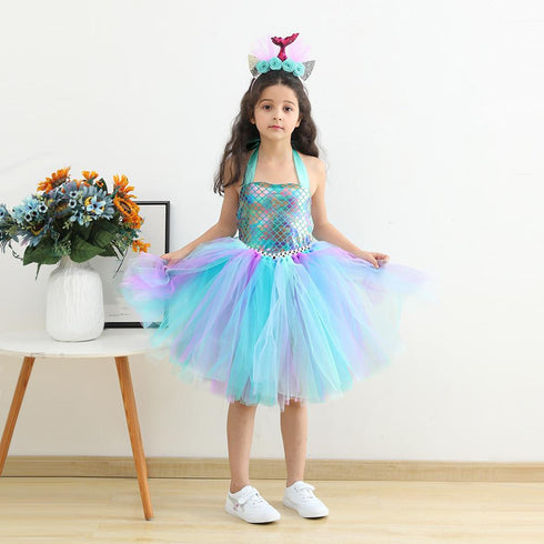 European And American Children's Clothing Girls Mermaid Fluffy Skirt Cospaly Performance Dress Fish Scale Dress Dress Send Headdress