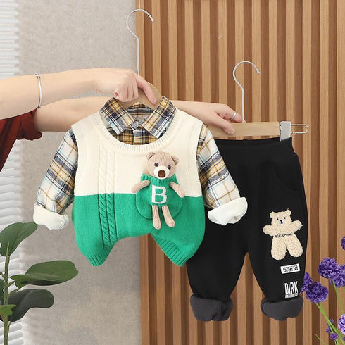 Winter boys shirt long sleeve set three-piece set
