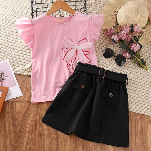 Girls Summer Bow Flying Sleeve Shorts Set