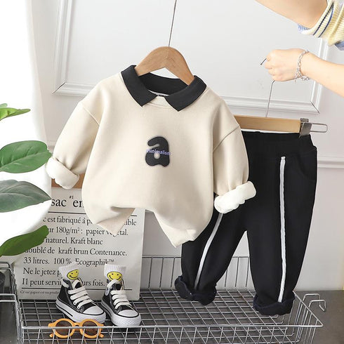 Autumn and winter boys plus velvet long sleeve two-piece set