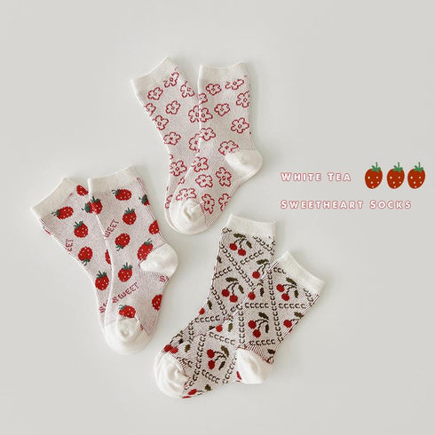 Strawberry flower girls socks double needle baby socks combed cotton(Three Pairs)