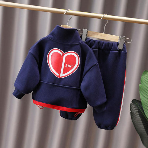 Autumn and winter boys plus velvet long sleeve suit two-piece set