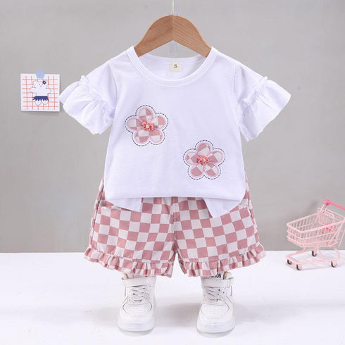 Round Neck Short Sleeve Suit Baby Casual Plaid Shorts Two-piece Set