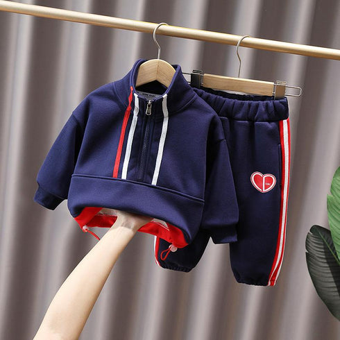 Autumn and winter boys plus velvet long sleeve suit two-piece set