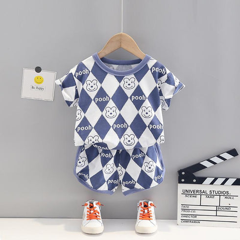 Plaid Cartoon T-shirt Two Piece Set Short Sleeved Shorts Set