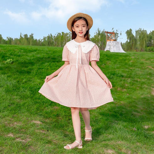 Cotton Floral Dress Children's Lace Collar Stitched Pastoral Princess Dress