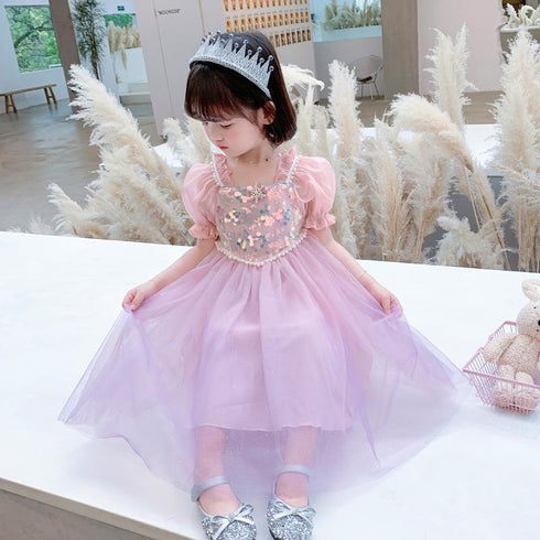 Girls Summer Short Sleeve Pink Mesh Sequin Princess Dress