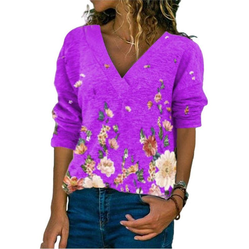 Fall/Winter Printed Loose V-Neck Long Sleeve Shirt