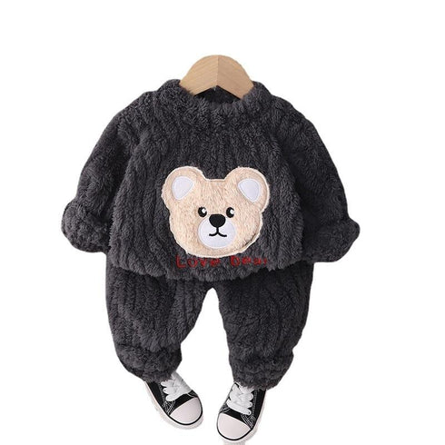 Autumn and winter boys plus velvet round neck long sleeve pajamas set two-piece set