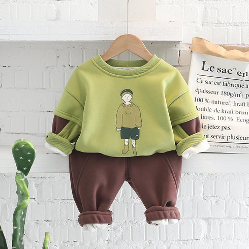 Autumn and winter boys plus velvet sports sweater suit