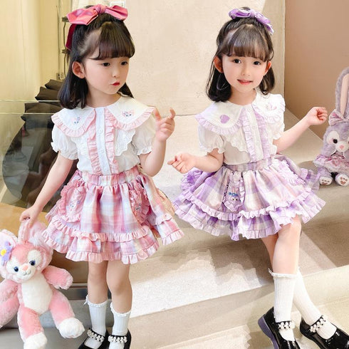 Girls New Short Sleeve Skirt Suit Girls Pleated Skirt Academy Style Princess Suit