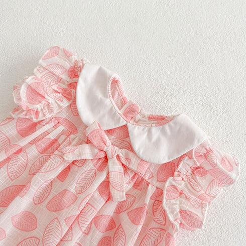 Leaf Doll Collar Printed Cotton Fly Sleeve Skirt